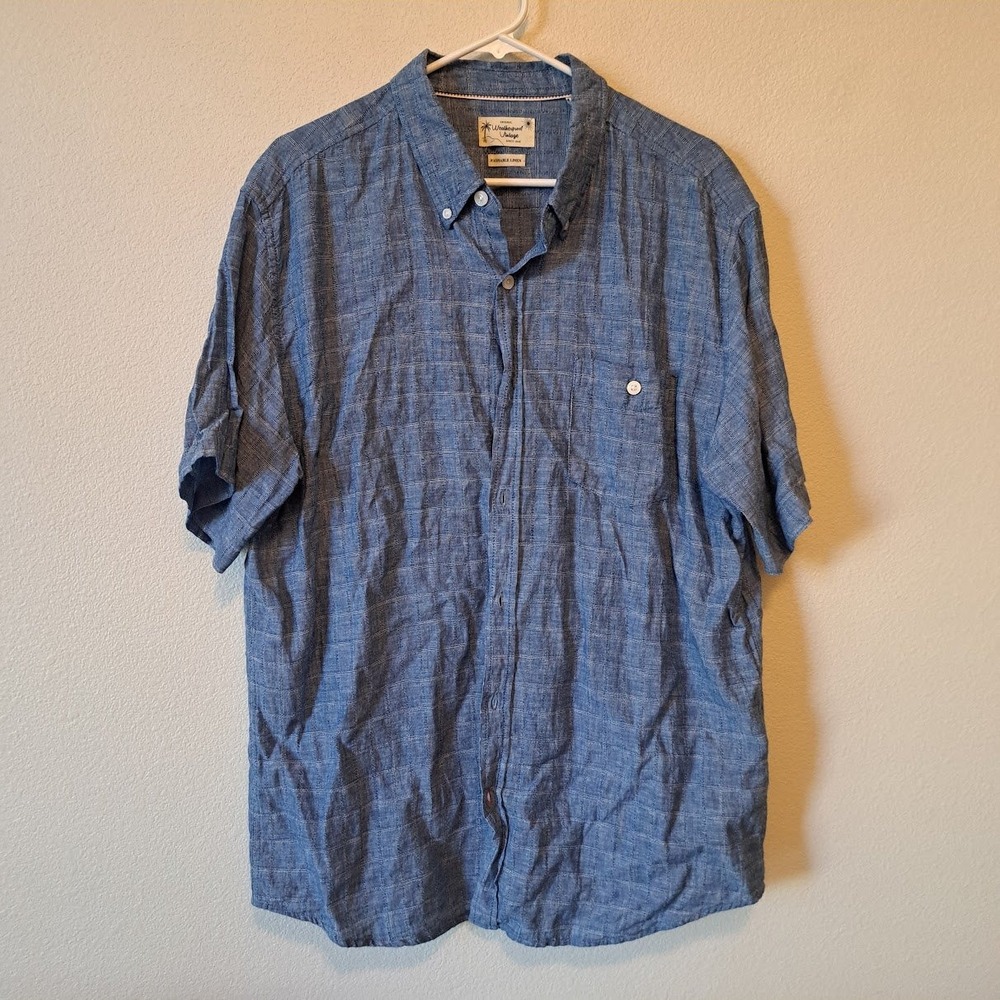 Weatherproof Vintage Mens Blue Linen Blend Short Sleeve Button Down Shirt XL